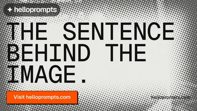 Landscape graphic for HelloPrompts: "The sentence behind the image." Brutalist style, poster layout, light palette in grey, orange, white.