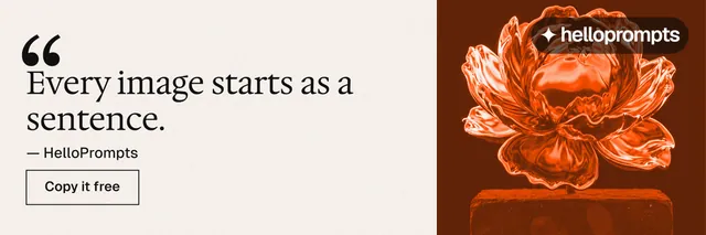 X header for HelloPrompts: "Every image starts as a sentence." Editorial style, quote layout, light palette in white, orange.