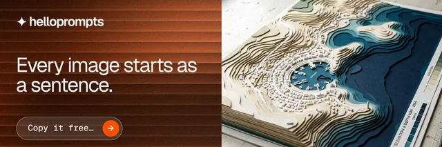 X header for HelloPrompts: "Every image starts as a sentence." Agentic glass style, bottom layout, dark palette in orange, black, grey.