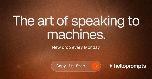 Social ad for HelloPrompts: "The art of speaking to machines." Agentic glass style, centred layout, dark palette in orange, brown.