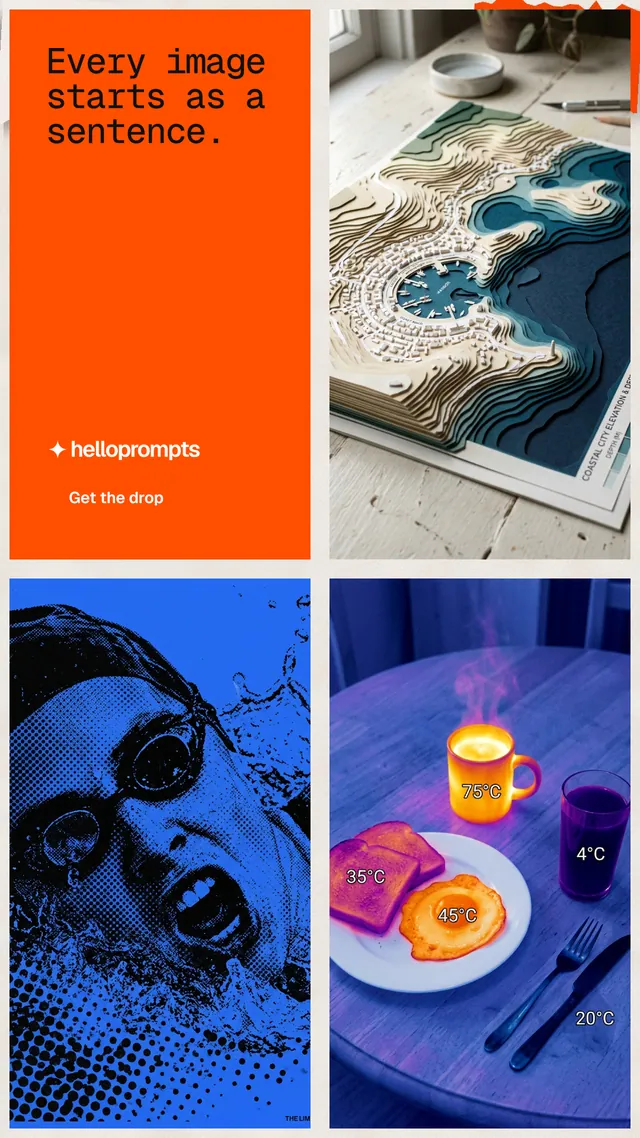 Instagram story for HelloPrompts: "Every image starts as a sentence." Swiss style, collage layout, light palette in blue, red, white.