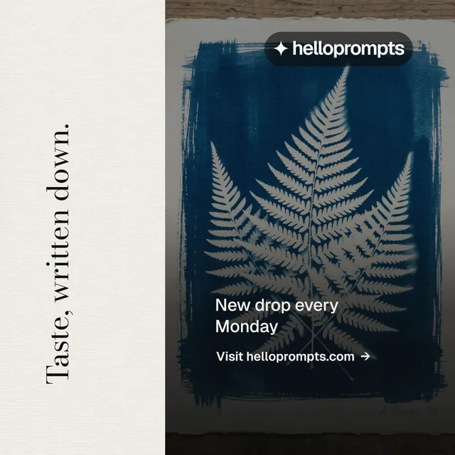 Instagram post for HelloPrompts: "Taste, written down." Minimal luxury style, vertical layout, light palette in black, blue, yellow.