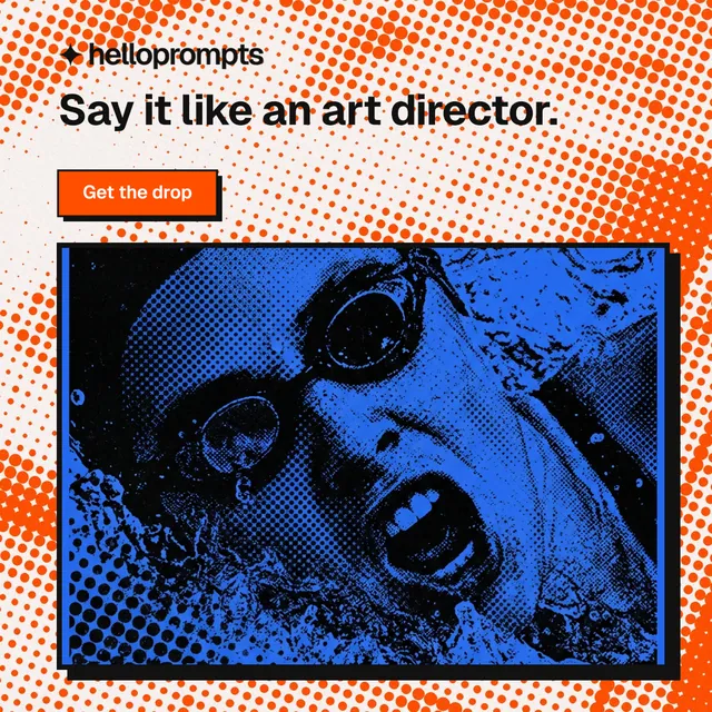 Instagram post for HelloPrompts: "Say it like an art director." Brutalist style, skeleton layout, light palette in orange, black, red.