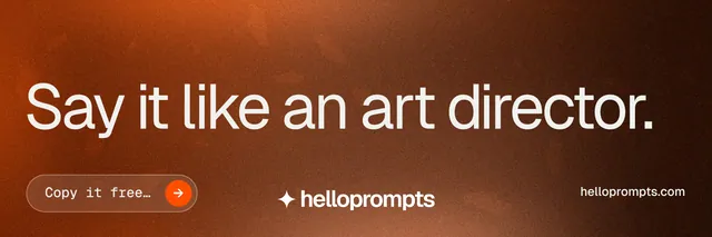 X header for HelloPrompts: "Say it like an art director." Agentic glass style, poster layout, dark palette in orange, brown.