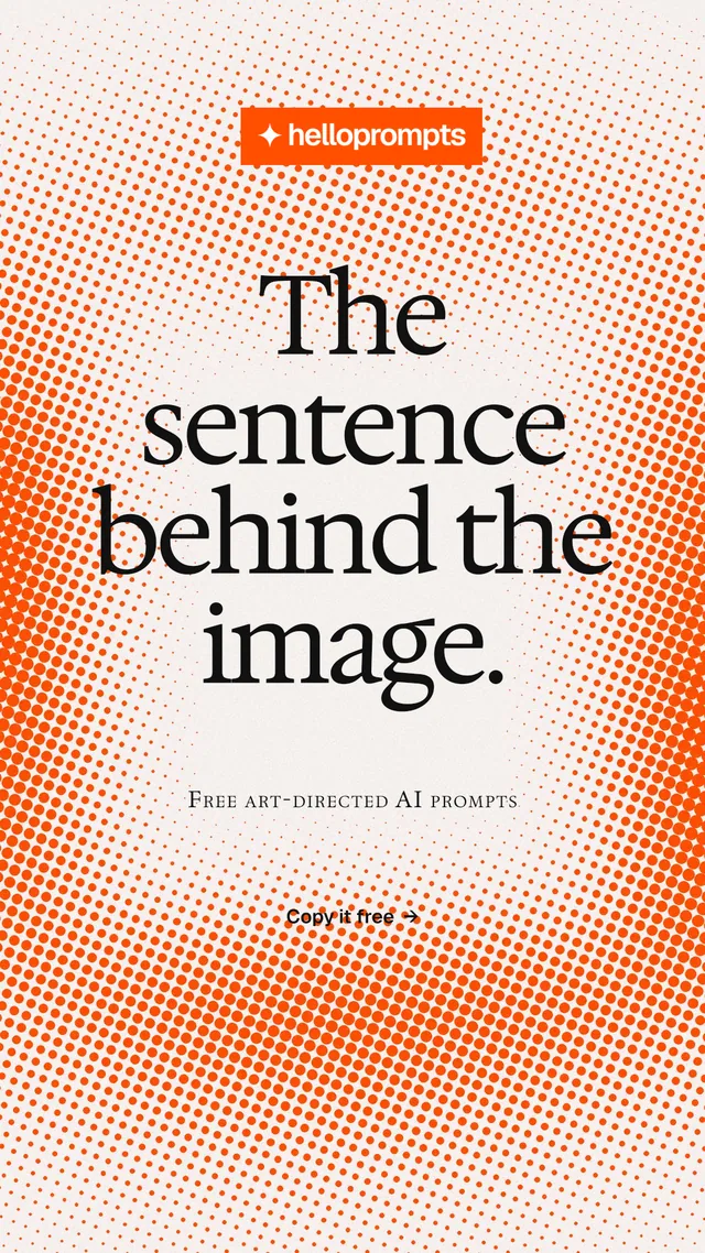 Instagram story for HelloPrompts: "The sentence behind the image." Swiss style, smallcaps layout, light palette in orange, white.