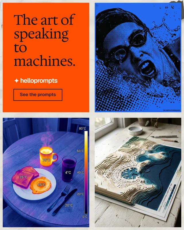 Instagram portrait post for HelloPrompts: "The art of speaking to machines." Editorial style, collage layout, light palette in blue, red, white.