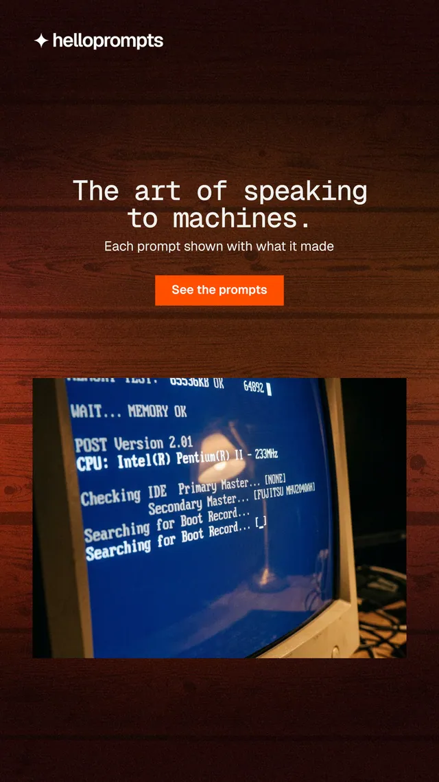 Instagram story for HelloPrompts: "The art of speaking to machines." Swiss style, centred layout, dark palette in black, grey, red.