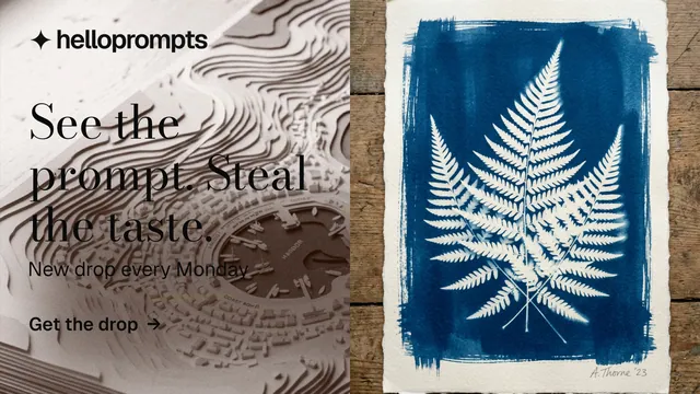 Landscape graphic for HelloPrompts: "See the prompt. Steal the taste." Minimal luxury style, bottom layout, light palette in grey, blue, white.