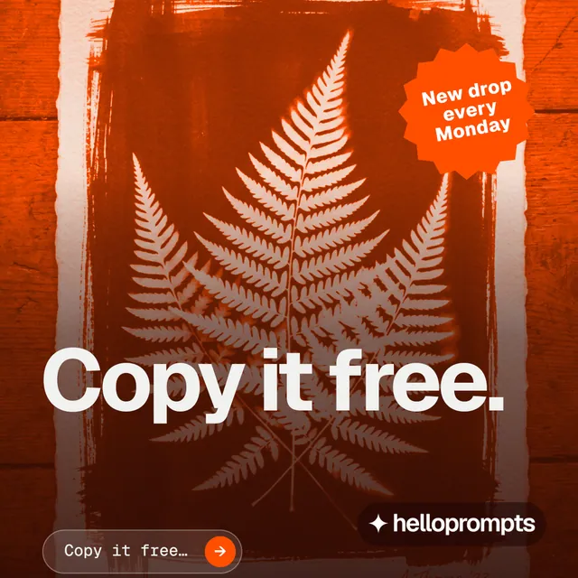 Instagram post for HelloPrompts: "Copy it free." Agentic glass style, sticker layout, dark palette in red, orange.