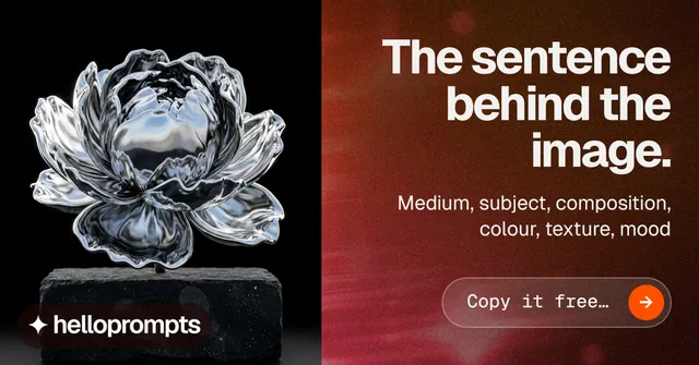 Social ad for HelloPrompts: "The sentence behind the image." Agentic glass style, right layout, dark palette in black, red, grey.