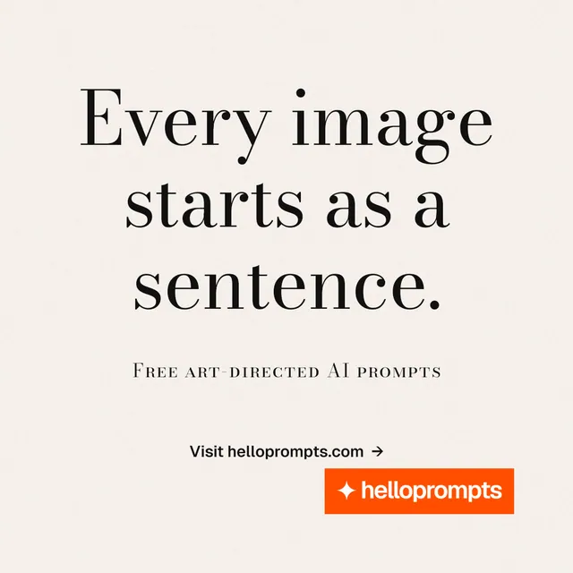 Instagram post for HelloPrompts: "Every image starts as a sentence." Minimal luxury style, smallcaps layout, light palette in white, orange.