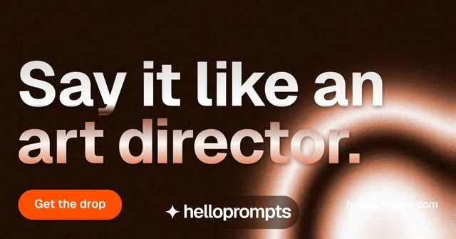 Social ad for HelloPrompts: "Say it like an art director." Y2K style, poster layout, dark palette in black, orange.