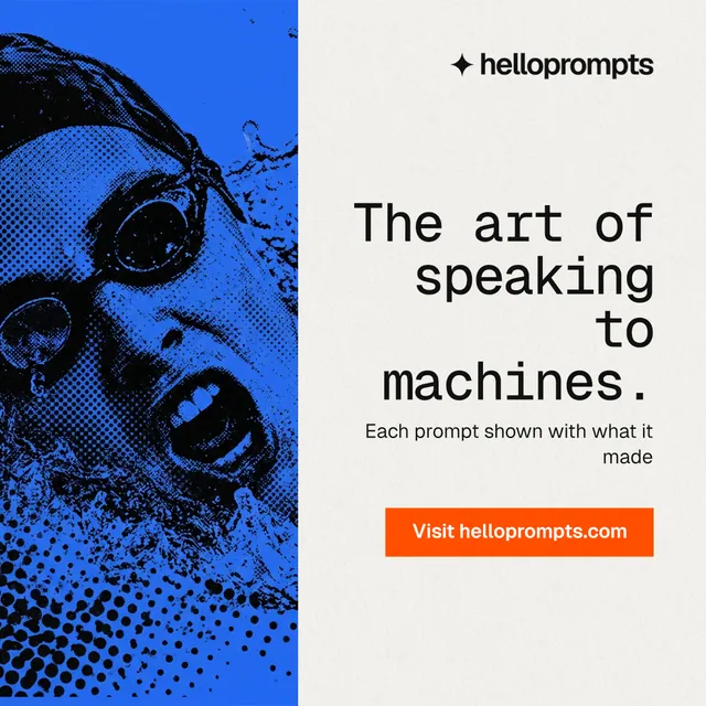 Instagram post for HelloPrompts: "The art of speaking to machines." Swiss style, right layout, light palette in blue, white.