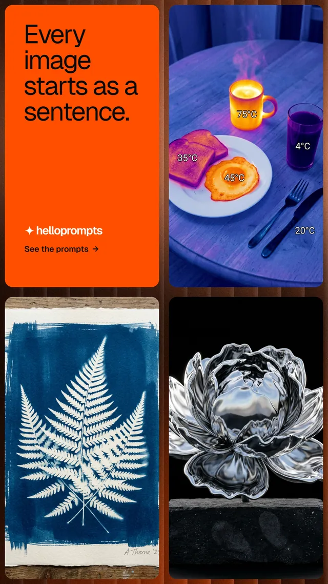 Instagram story for HelloPrompts: "Every image starts as a sentence." Agentic glass style, collage layout, dark palette in blue, red, grey.