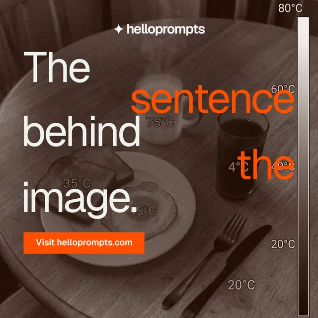 Instagram post for HelloPrompts: "The sentence behind the image." Swiss style, stacked layout, dark palette in orange, grey.