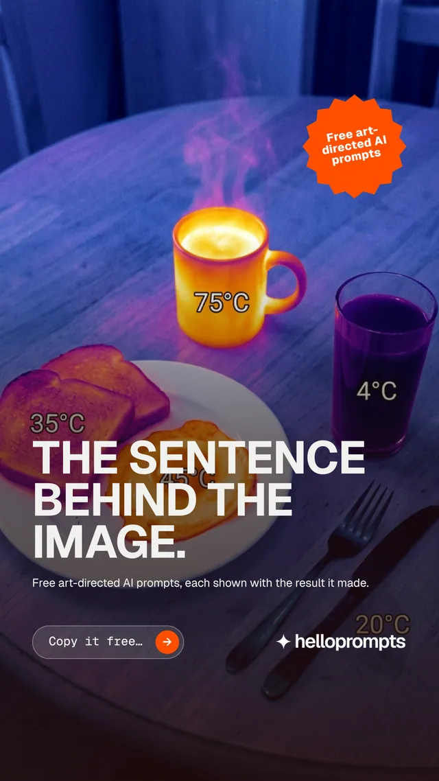 Instagram story for HelloPrompts: "The sentence behind the image." Agentic glass style, sticker layout, dark palette in blue, pink, purple.