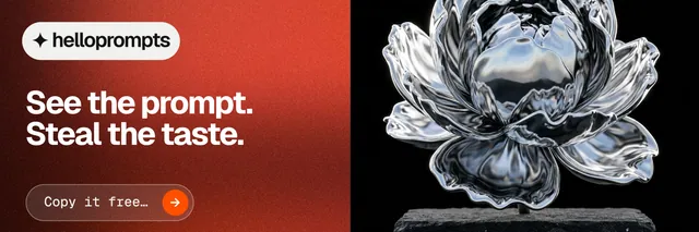 X header for HelloPrompts: "See the prompt. Steal the taste." Agentic glass style, bottom layout, dark palette in black, red, grey.