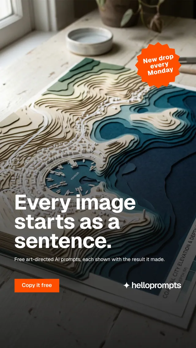 Instagram story for HelloPrompts: "Every image starts as a sentence." Swiss style, sticker layout, dark palette in grey, black, orange.