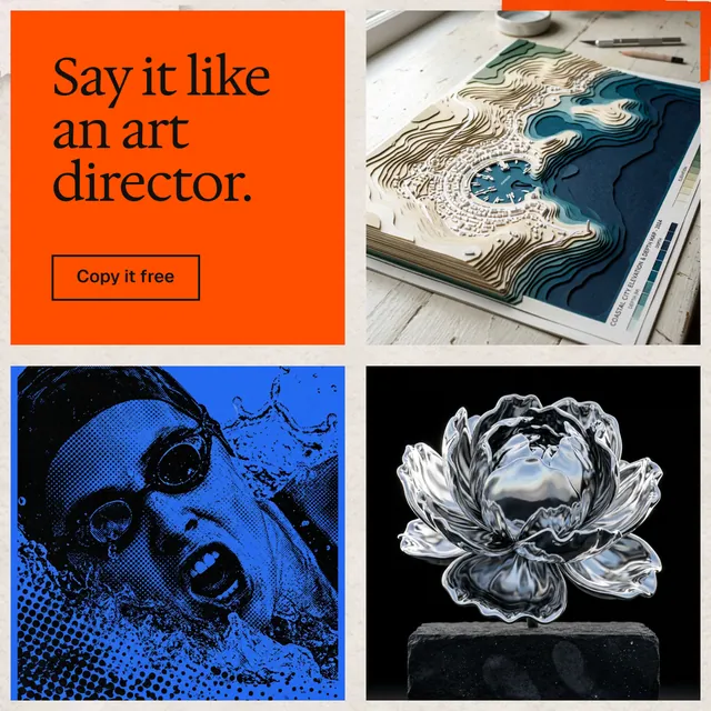 Instagram post for HelloPrompts: "Say it like an art director." Editorial style, collage layout, dark palette in red, black, white.