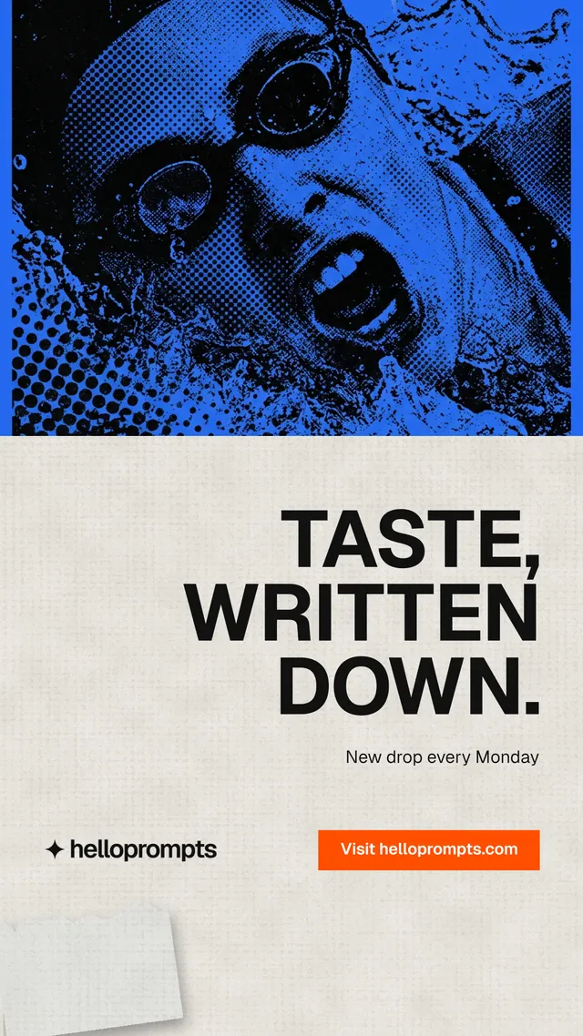 Instagram story for HelloPrompts: "Taste, written down." Swiss style, right layout, light palette in white, blue.