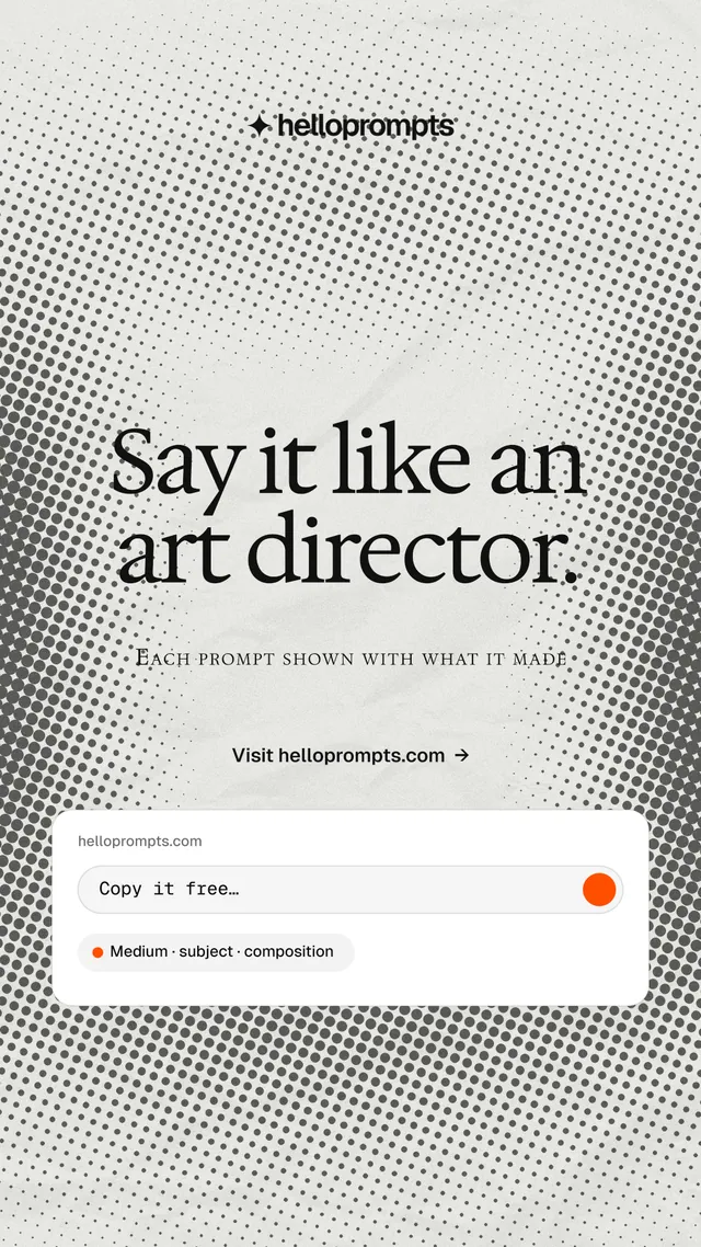 Instagram story for HelloPrompts: "Say it like an art director." Split block style, smallcaps layout, light palette in grey, white.