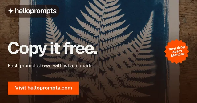 Social ad for HelloPrompts: "Copy it free." Swiss style, sticker layout, dark palette in orange, blue, brown.