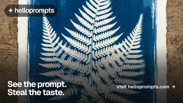 Landscape graphic for HelloPrompts: "See the prompt. Steal the taste." Swiss style, image led layout, dark palette in blue, grey, white.