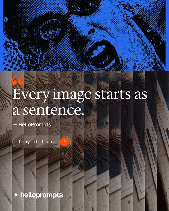 Instagram portrait post for HelloPrompts: "The sentence behind the image." Agentic glass style, quote layout, dark palette in grey, black, blue.