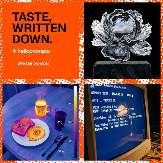 Instagram post for HelloPrompts: "Taste, written down." Swiss style, collage layout, dark palette in black, red, orange.