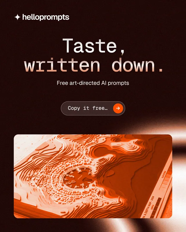 Instagram portrait post for HelloPrompts: "Taste, written down." Agentic glass style, centred layout, dark palette in black, orange.