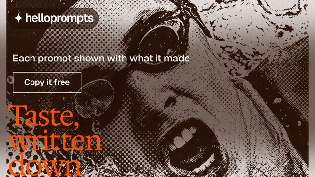 Landscape graphic for HelloPrompts: "The sentence behind the image." Editorial style, oversized layout, dark palette in grey, black, orange.