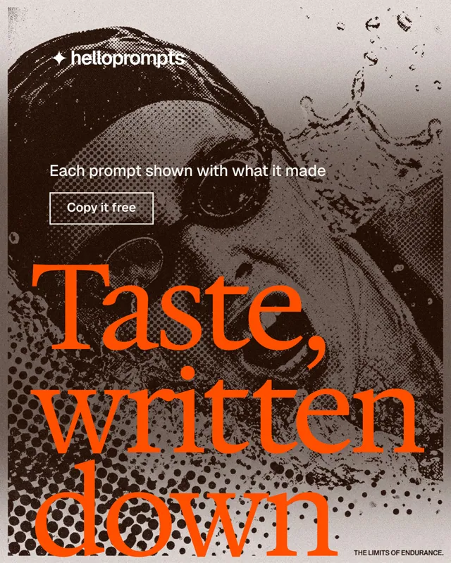 Instagram portrait post for HelloPrompts: "Every image starts as a sentence." Editorial style, oversized layout, dark palette in brown, orange, white.
