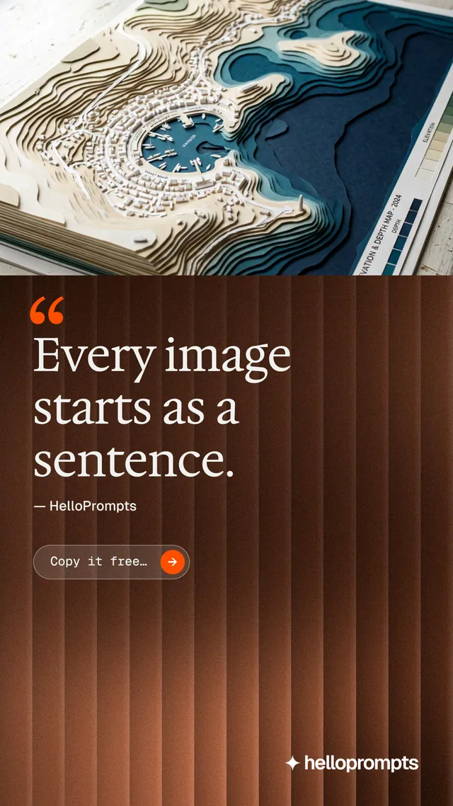 Instagram story for HelloPrompts: "The sentence behind the image." Agentic glass style, quote layout, dark palette in orange, red, white.