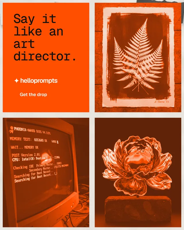 Instagram portrait post for HelloPrompts: "Say it like an art director." Swiss style, collage layout, dark palette in orange.