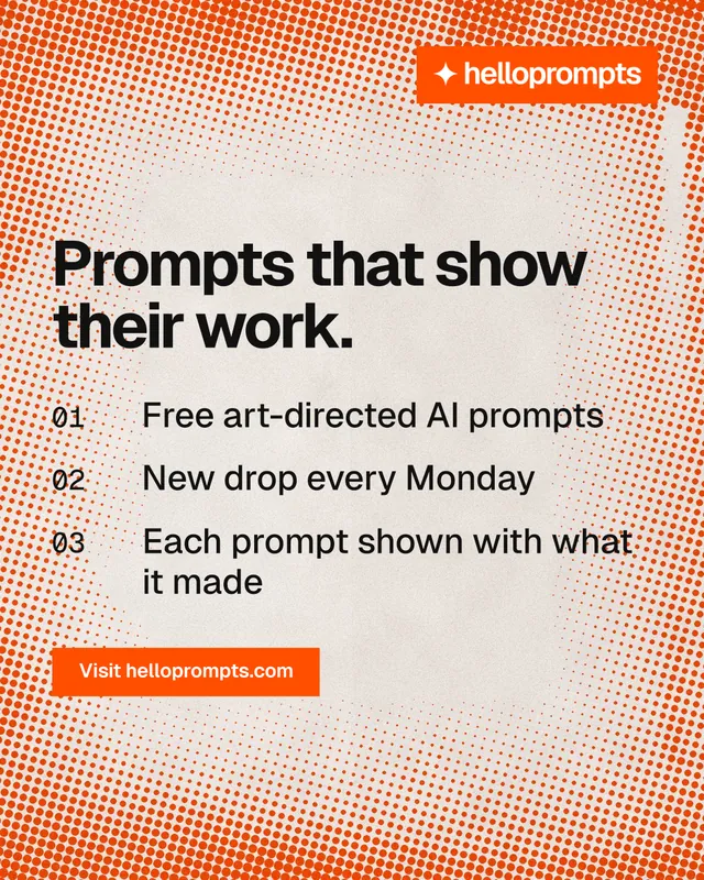 Instagram portrait post for HelloPrompts: "Prompts that show their work." Swiss style, numbered layout, light palette in orange.