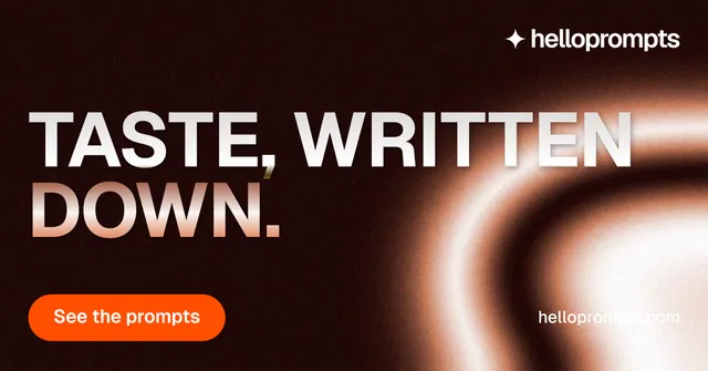 Social ad for HelloPrompts: "Taste, written down." Y2K style, poster layout, dark palette in black, orange.