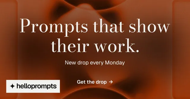 Social ad for HelloPrompts: "Prompts that show their work." Minimal luxury style, centred layout, dark palette in orange, brown.