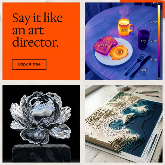 Instagram post for HelloPrompts: "Say it like an art director." Editorial style, collage layout, light palette in grey, blue, orange.