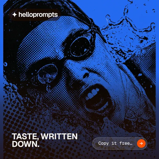 Instagram post for HelloPrompts: "Taste, written down." Agentic glass style, image led layout, dark palette in blue, black.
