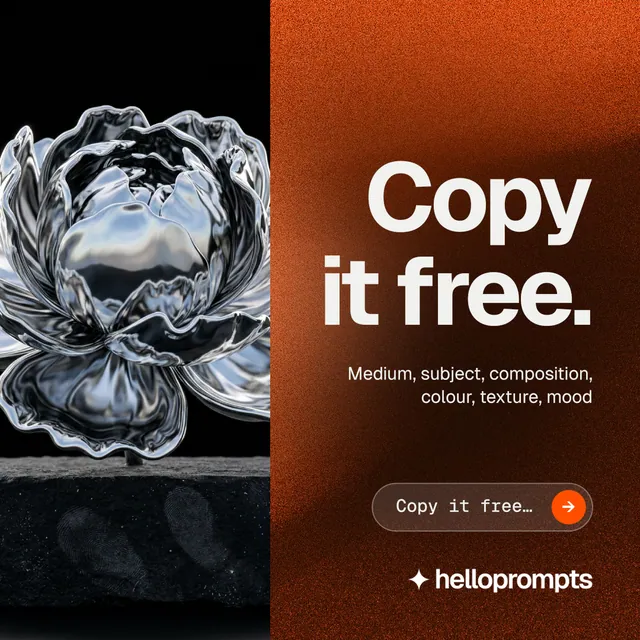 Instagram post for HelloPrompts: "Copy it free." Agentic glass style, right layout, dark palette in orange, black, grey.