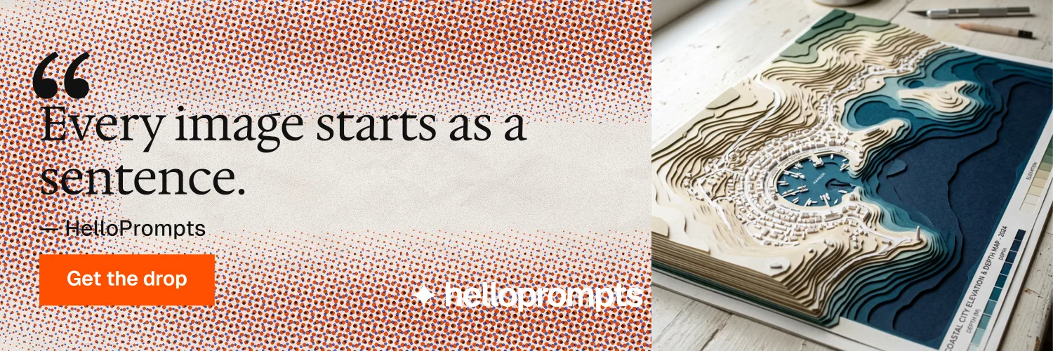 X header for HelloPrompts: "Prompts that show their work." Swiss style, quote layout, light palette in orange, red, grey.
