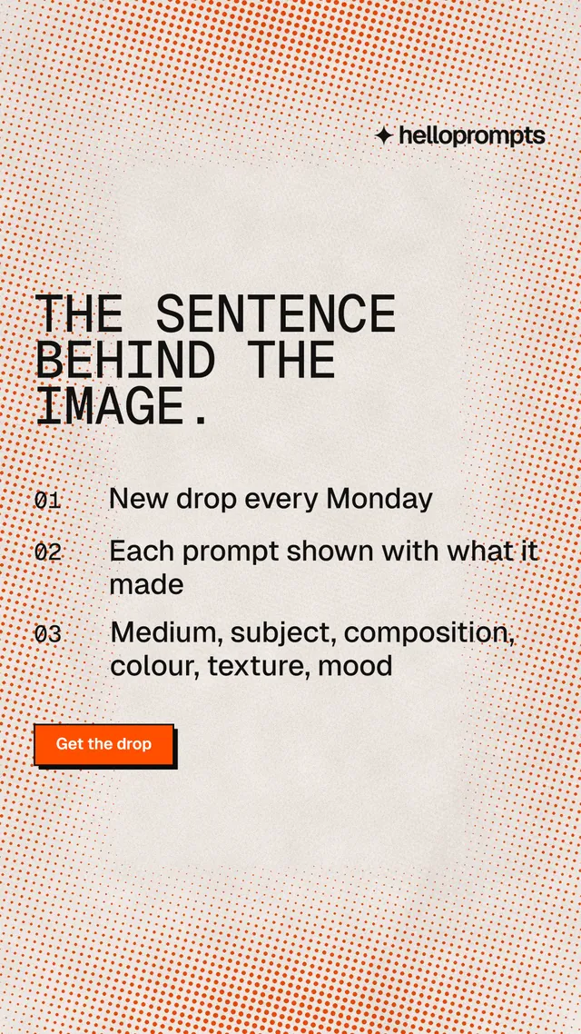 Instagram story for HelloPrompts: "The sentence behind the image." Brutalist style, numbered layout, light palette in orange.