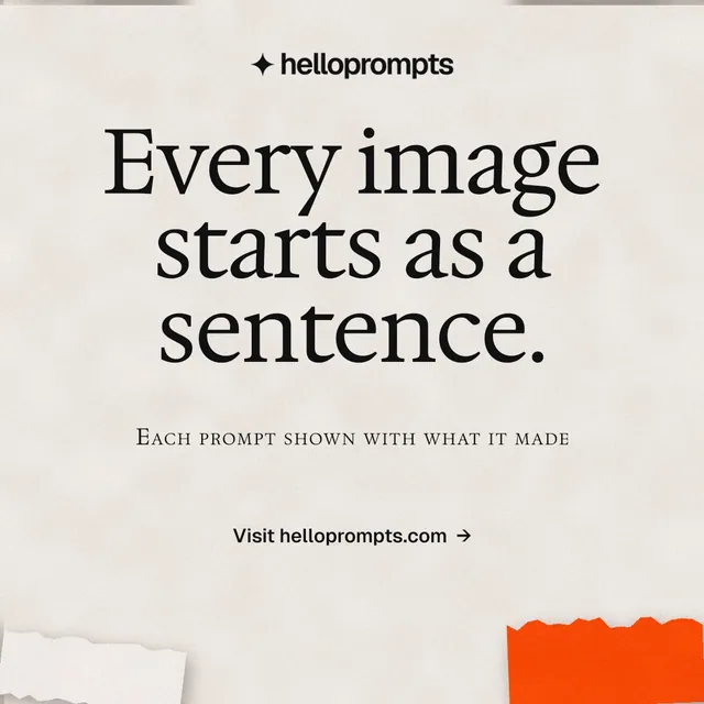 Instagram post for HelloPrompts: "Every image starts as a sentence." Swiss style, smallcaps layout, light palette in orange.