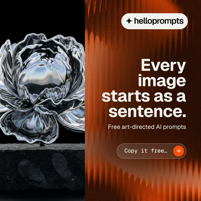Instagram post for HelloPrompts: "Every image starts as a sentence." Agentic glass style, right layout, dark palette in orange, black, grey.