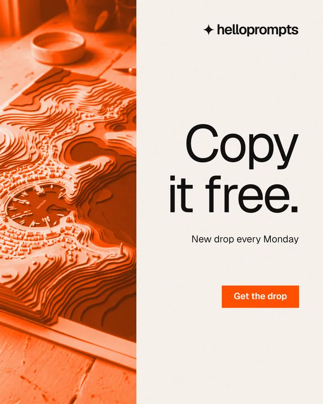 Instagram portrait post for HelloPrompts: "Copy it free." Swiss style, right layout, light palette in white, orange.