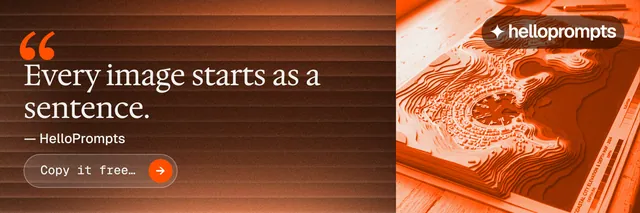 X header for HelloPrompts: "Copy it free." Agentic glass style, quote layout, dark palette in orange, brown.