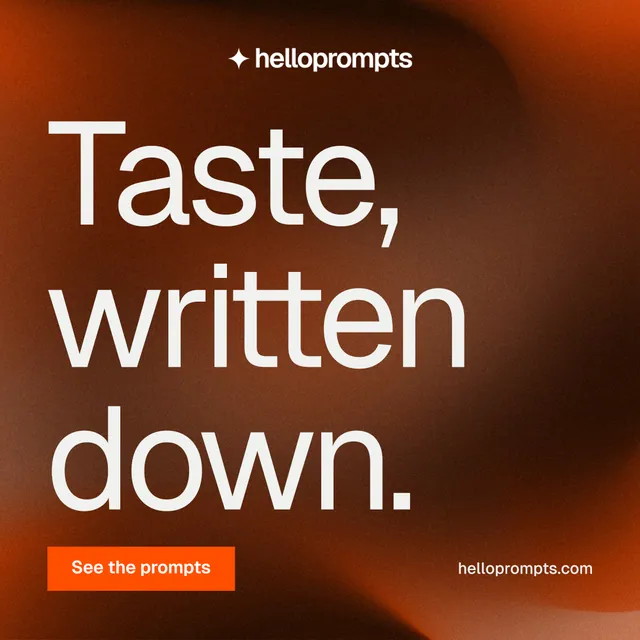 Instagram post for HelloPrompts: "Taste, written down." Swiss style, poster layout, dark palette in orange, brown.