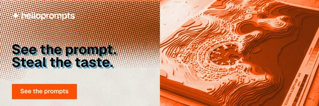 X header for HelloPrompts: "See the prompt. Steal the taste." Retro print style, bottom layout, light palette in orange, brown.