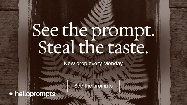 Landscape graphic for HelloPrompts: "See the prompt. Steal the taste." Editorial style, centred layout, dark palette in black, grey, orange.