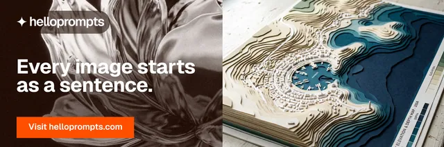 X header for HelloPrompts: "Every image starts as a sentence." Swiss style, bottom layout, light palette in black, orange, grey.